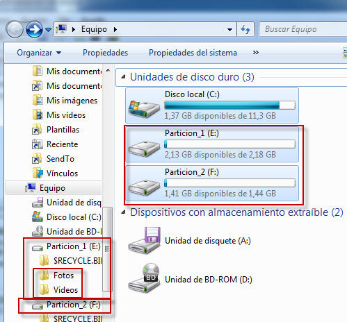 Figura 1: Particiones 1 E: y 2 F: con información almacenada.