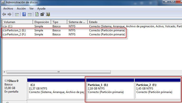 Figura 2: Particiones primarias con formato en el administrador de dispositivos.