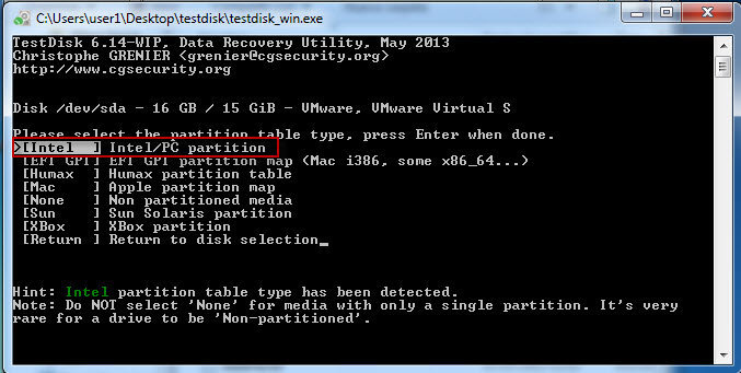 Figura 7: Seleccionando el tipo de arquitectura para particiones Intel.