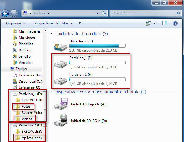 Figura 12: Después de reiniciar, Windows ya reconoce las particiones con formato NTFS.
