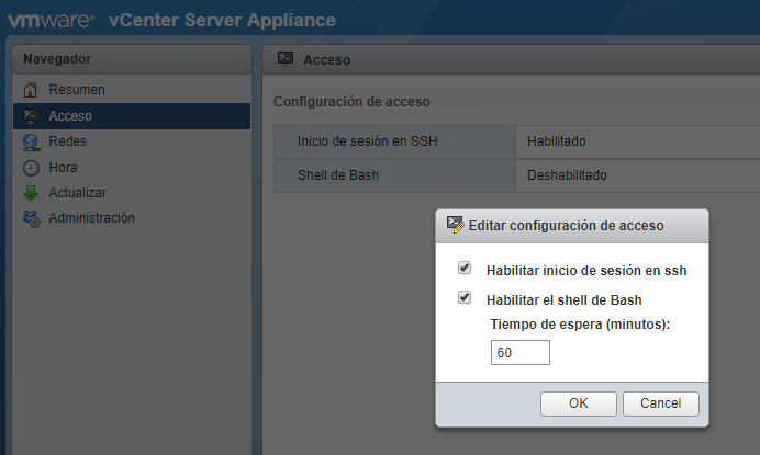 Figura 1: Habilitar el acceso SSH y Shell Bash para VCSA.