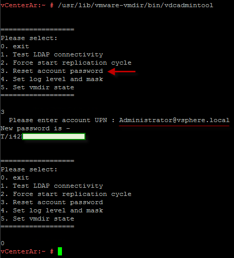Figura 2: Resetear password SSO Administrator desde vdcadmintool.