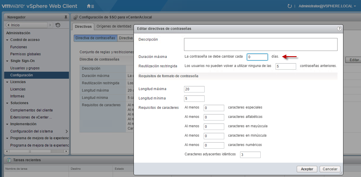 Figura 5: Configurar que la password de SSO Administrator@vsphere.local nunca expire.