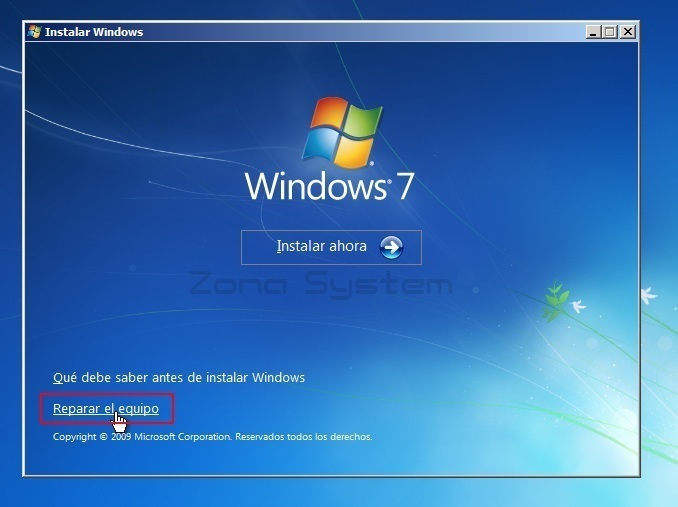 Figura 3: Sección &ldquo;Reparar el equipo&rdquo; en el asistente de instalación de Windows.
