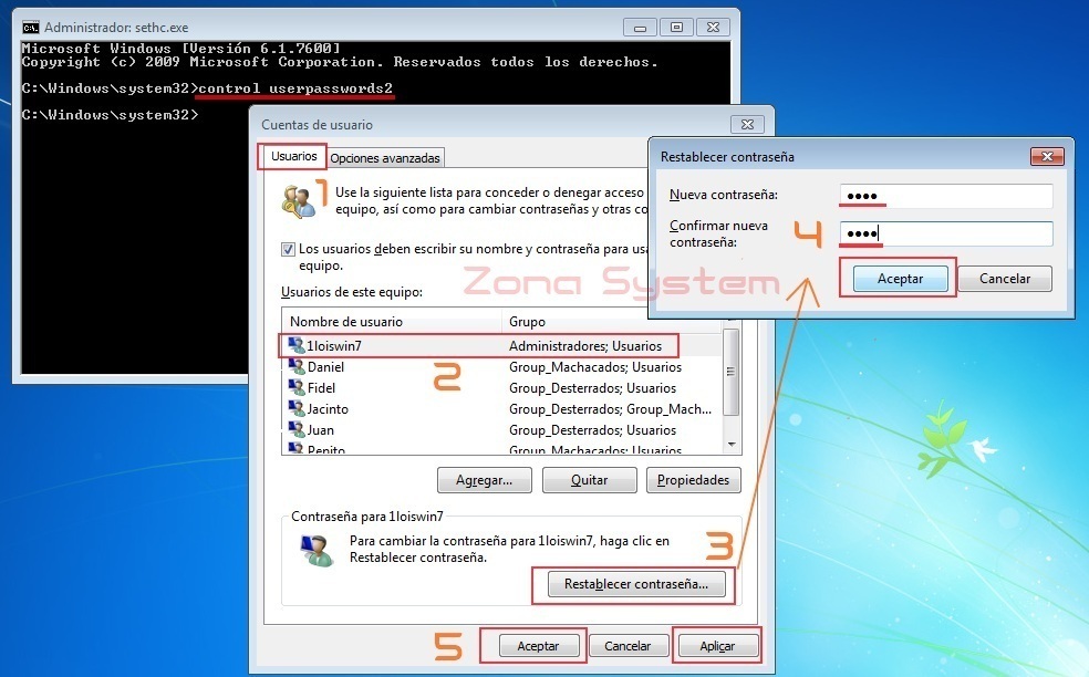 Figura 7: Iniciada consola con las StickyKeys y restableciendo passw de administrador de Windows.