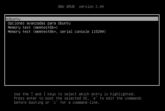 Figura 1: Menú del gestor de arranque GNU Grub.