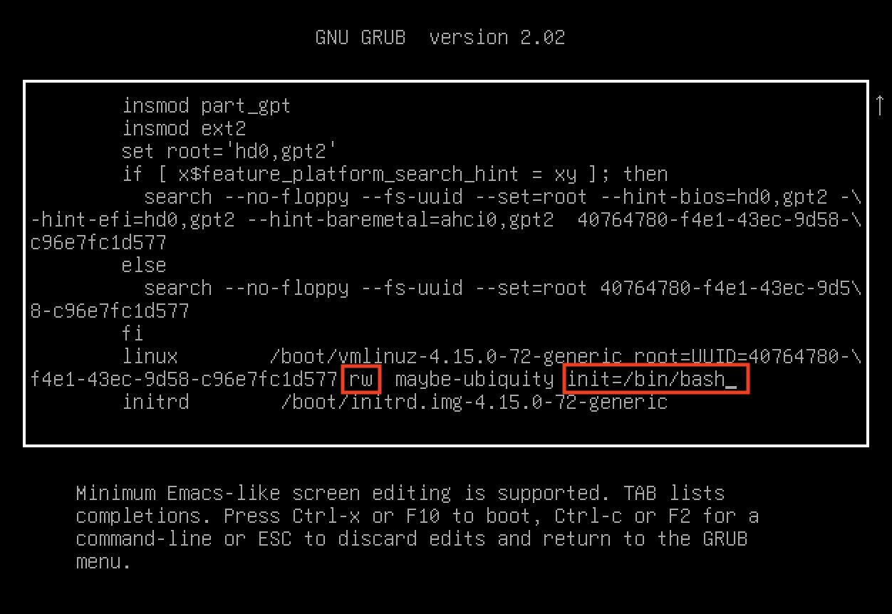 Figura 2: Modificación del Grub para iniciar un shell con privilegios de root.