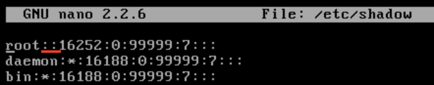 Figura 4: Password en blanco root editando /etc/shadow.