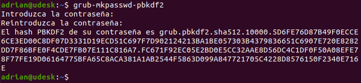 Figura 5: Establecer password al gestor de arranque Grub.