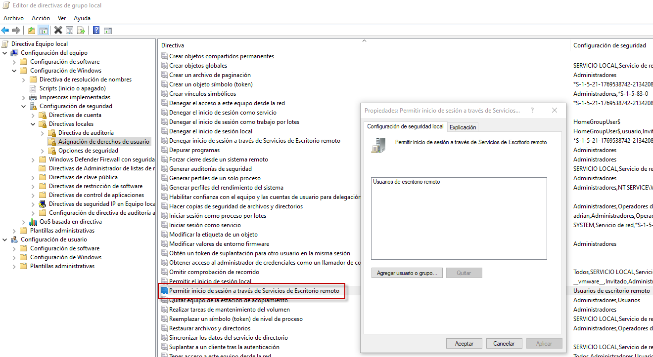Figura 3: GPO - Limitando el acceso a grupos o usuarios a través de Servicios de escritorio remoto.