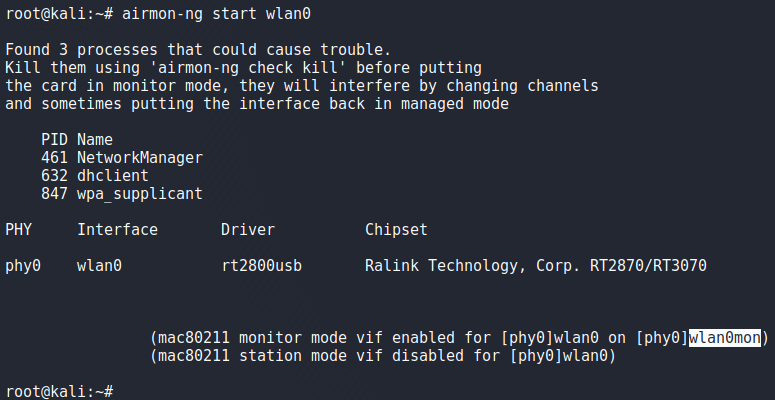 Figura 2: Habilitar el modo monitor en la interface de red inalámbrica wlan0.