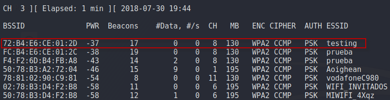 Figura 3: Capturar tráfico y descubrir redes inalámbricas con Airodump-ng.