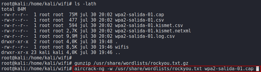 Figura 5: Usando Aircrack-ng para descifrar la clave de la red inalámbrica.