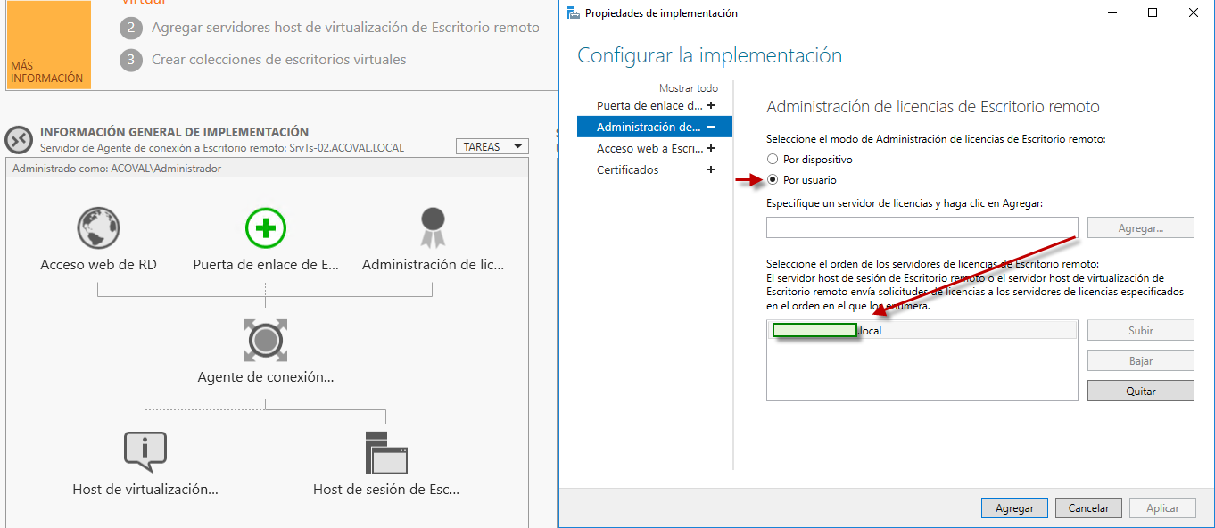 Figura 4: Selección del servidor de licencias y el modo de licencias CAL (por usuario o por dispositivo).