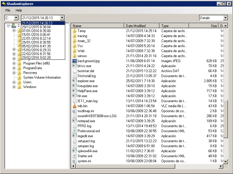 Figura 1: Instantáneas cronológicas de Shadow Explorer en Windows.