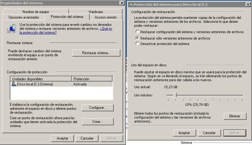 Figura 2: Protección del sistema para versiones anteriores.