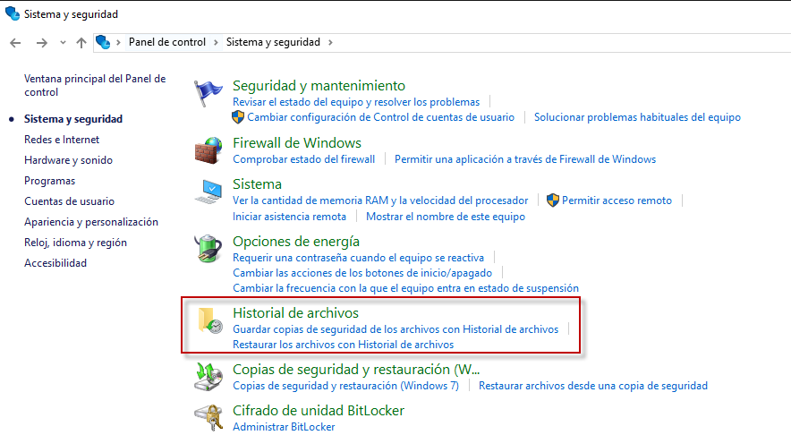 Figura 4: Configuración de &ldquo;Historial de archivos de Windows&rdquo; (Shadow Copy).