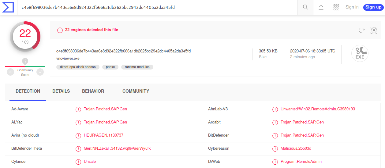 Detección del binario malicioso generado con Shellter en VirusTotal.com