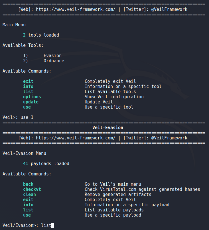 Veil-Framework - Seleccionar tipo y lista de payloads disponibles