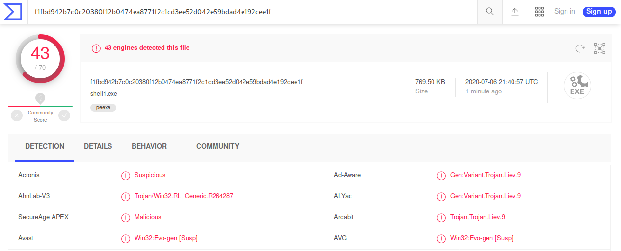 Detección del binario malicioso generado con Veil-Framework en VirusTotal.com