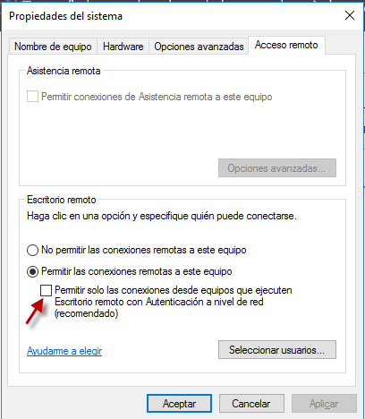 Figura 1: Desactivar NLA (Autenticación a nivel de red) en Windows Server 2016.