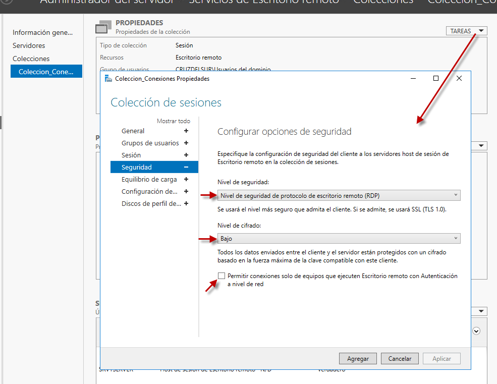 Figura 6: Configuración de opciones de seguridad para conexiones RDP.