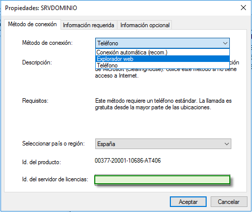Figura 7: Selección del método de conexión &ldquo;Web Browser&rdquo;.