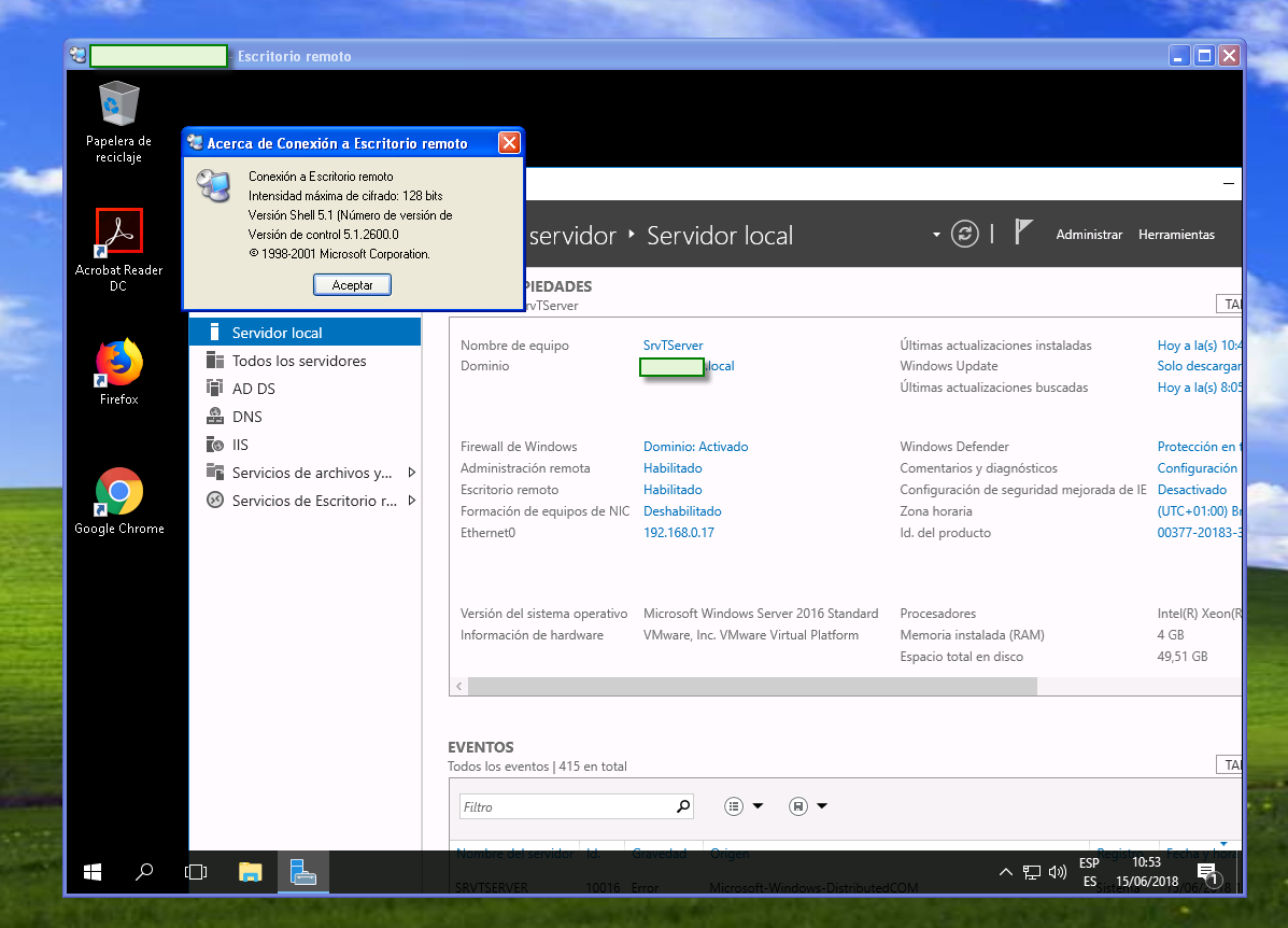 Figura 9: Conexión RDP establecida entre versiones RDP antiguas y Windows Server 2016.