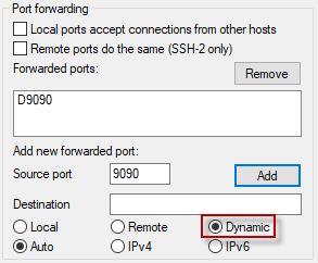 PuTTY - Dynamic port forwarding SSH Tunneling.