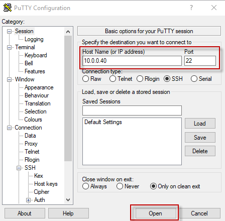 Figura 3: Putty - Conectarse al equipo servidor SSH.