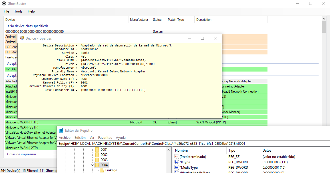 Figura 2: Analizando información del dispositivo interface de red con Ghostbuster.