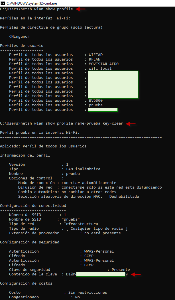 Figura 1: Netsh - Ver perfiles wlan y obtención de password wifi almacenada.