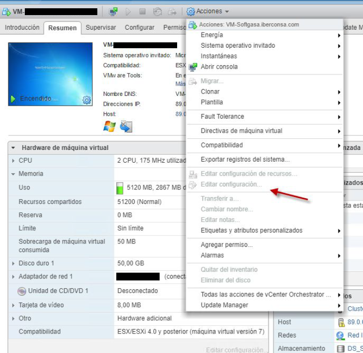 Figura 1: Opciones deshabilitadas en la máquina virtual en vSphere web client.