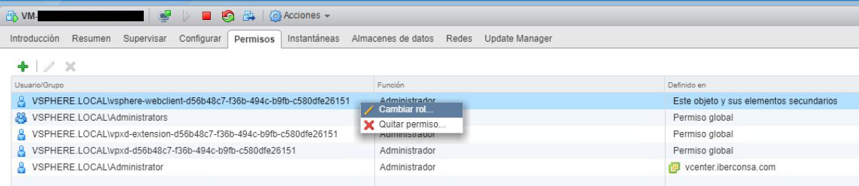Figura 3: Cambiar el rol del grupo de vSphere Web Client a permisos de Administrador.