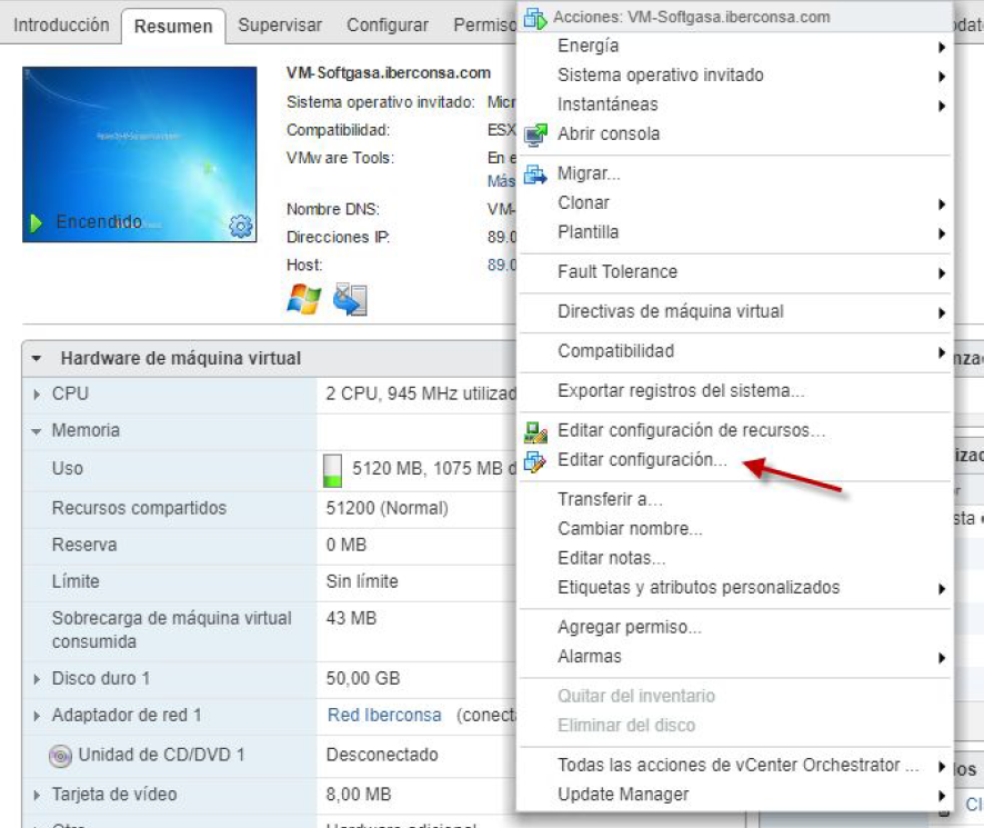 Figura 5: Opciones habilitadas de la VM en vSphere Web Client.