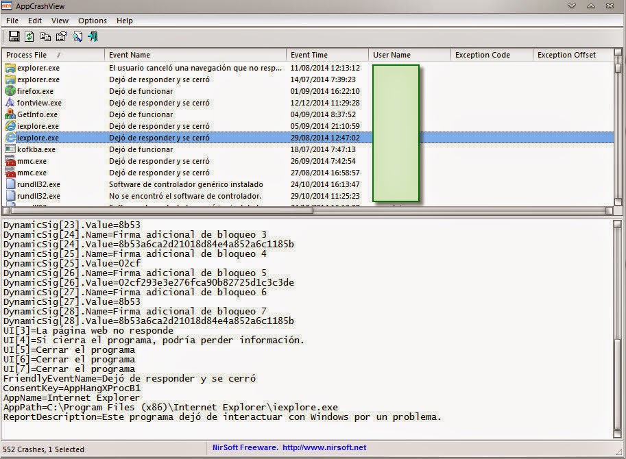 Figura 1: AppCrashView analizando un log de iexplorer.exe después de dejar de responder.
