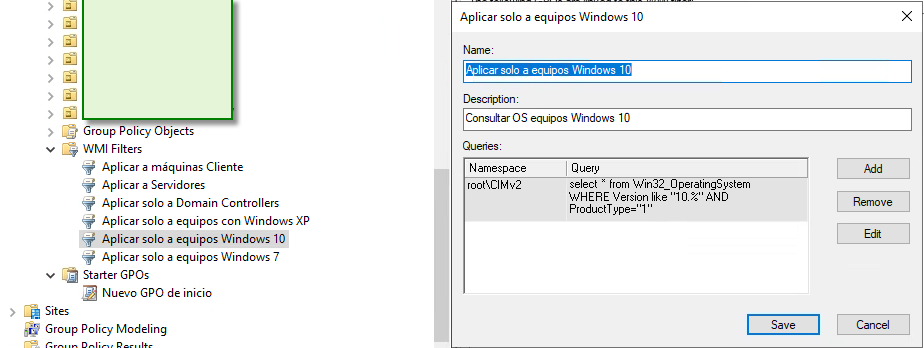 Figura 1: Creación de filtros WMI en la Group Policy Management Console.