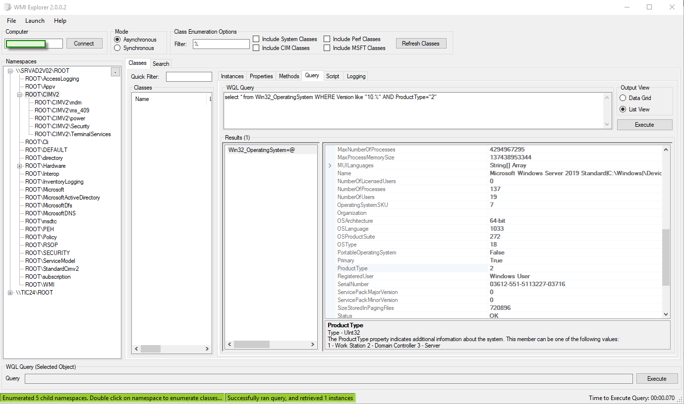 Figura 3: WMI Explorer - Ejemplo de consulta WQL en equipo remoto.