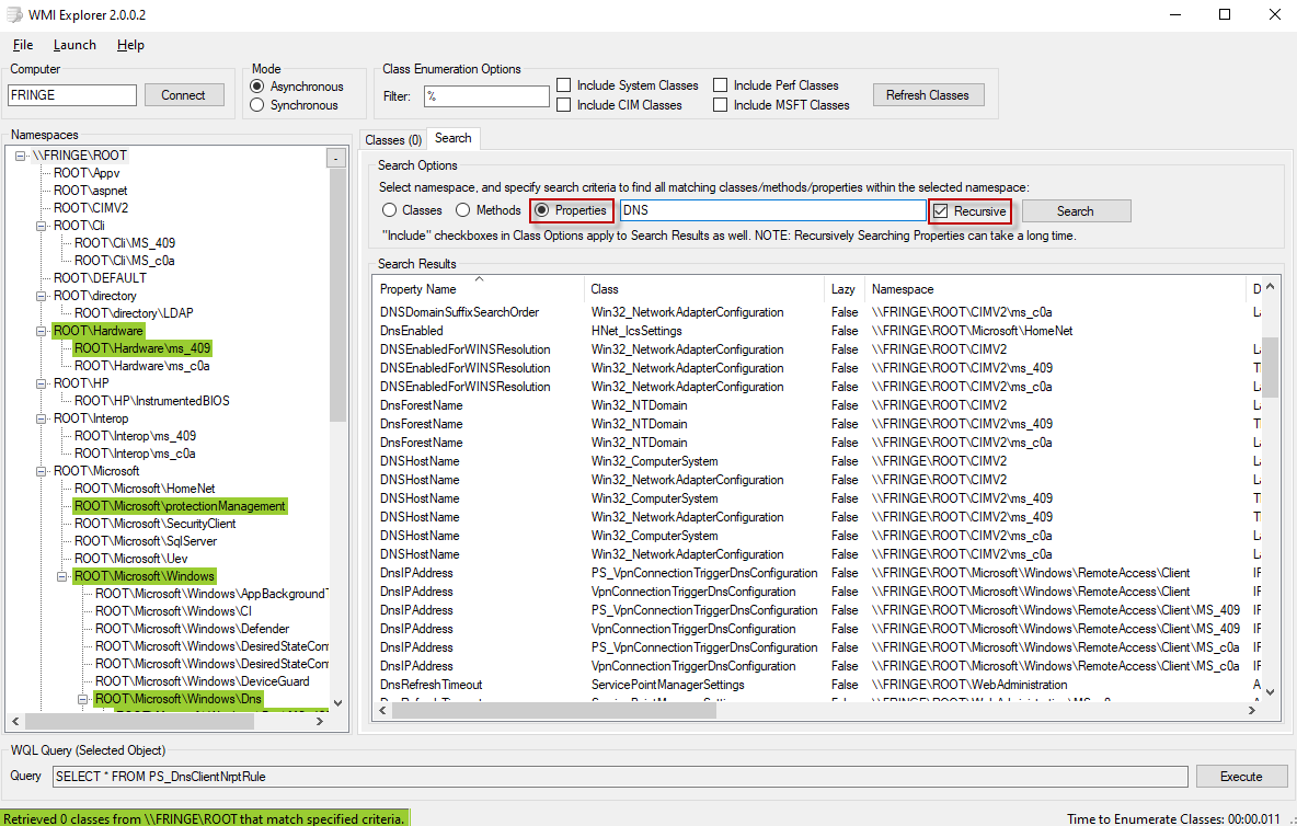 Figura 4: WMI Explorer - Búsqueda de clases, propiedades namespaces, etc. en base a un criterio de búsqueda.
