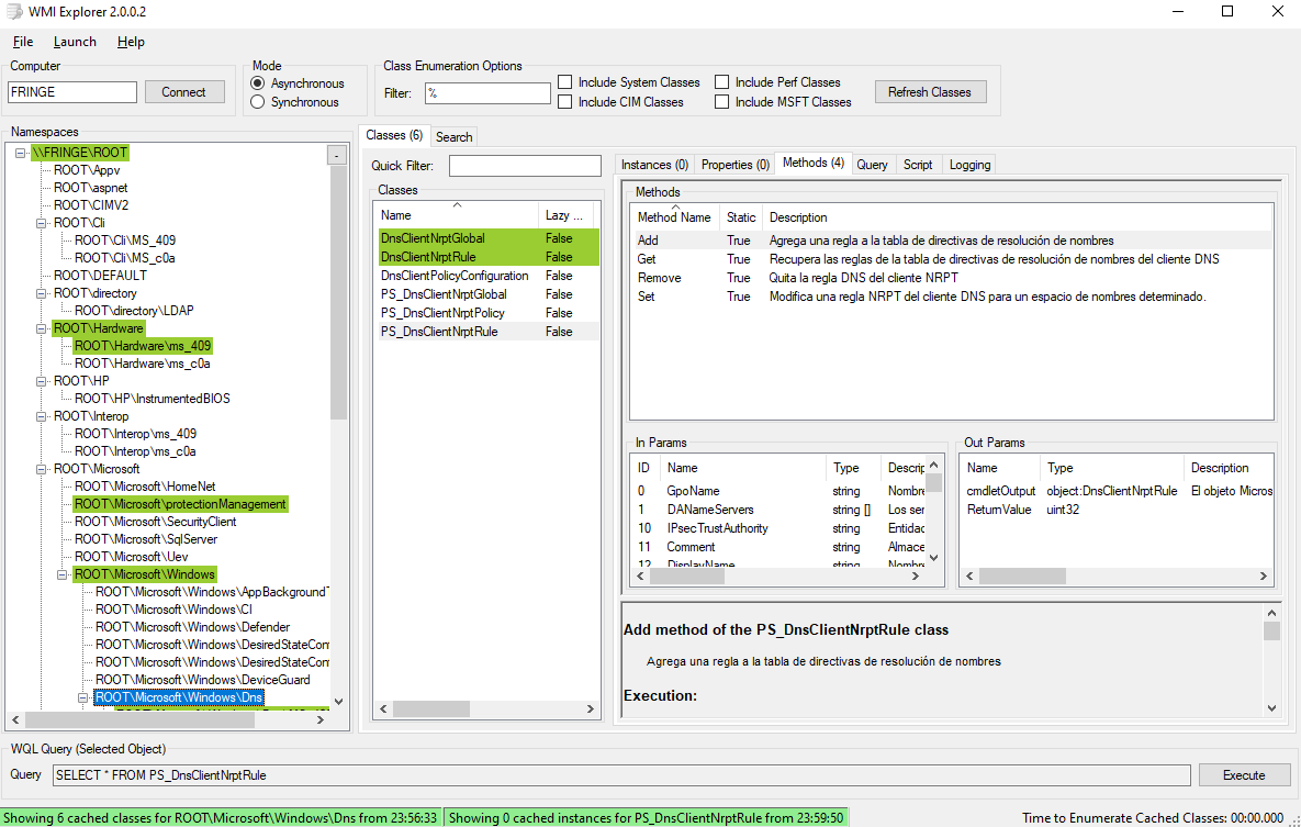Figura 5: WMI Explorer - Resultado de clases, métodos y parámetros.
