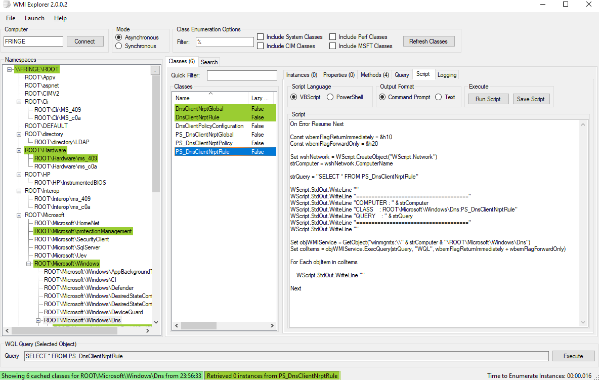 Figura 6: WMI Explorer - Ejecución de scripting VBScript o Powershell en clases y métodos WMI.